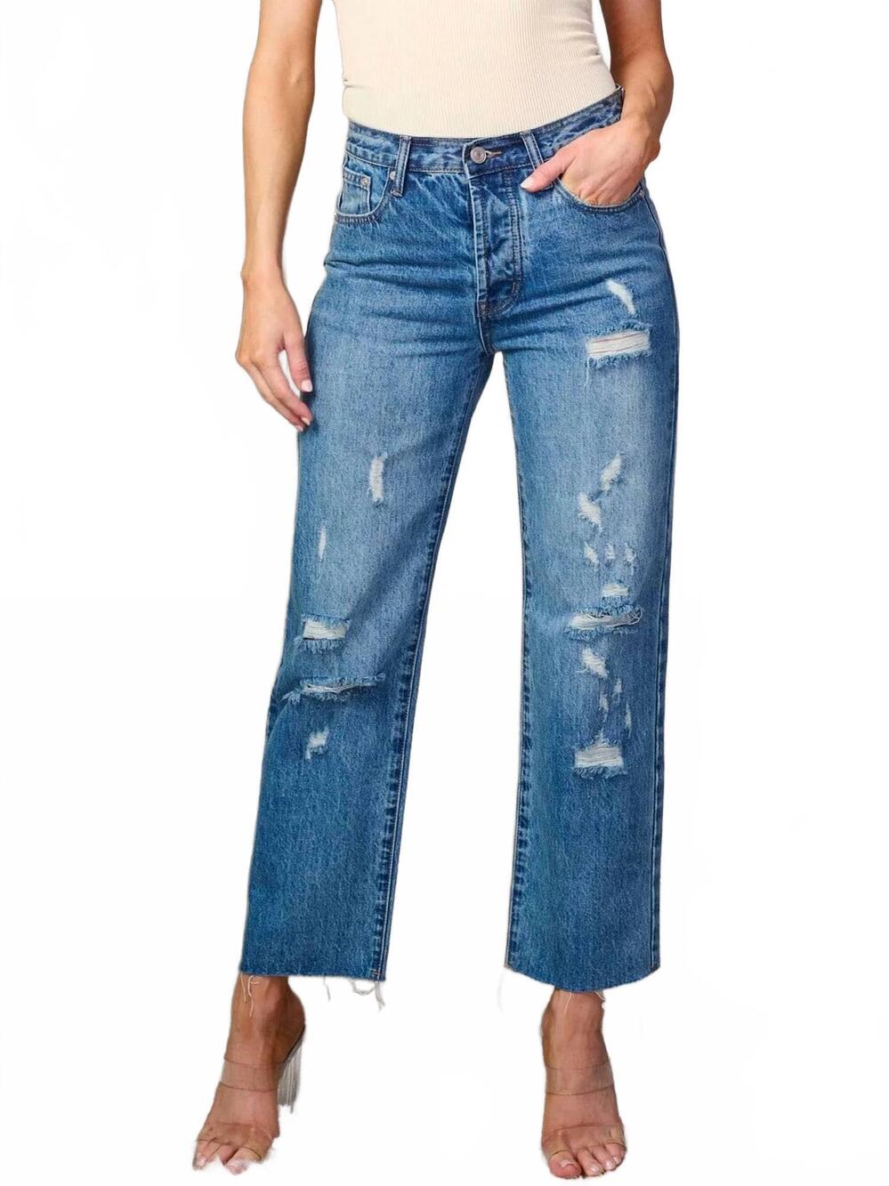 NEW SMOKE & MIRRORS button closure distress wide leg denim jeans in blue